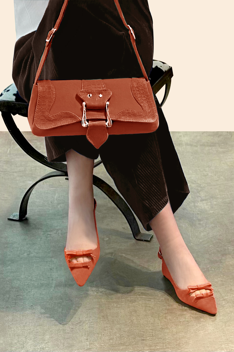 Terracotta orange women's dress handbag, matching pumps and belts. Worn view - Florence KOOIJMAN